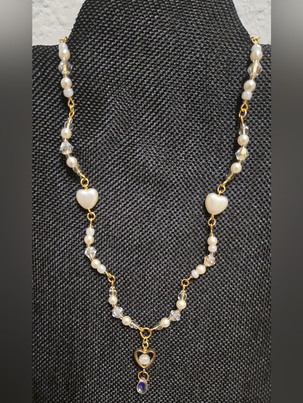 Gold Tone Pearl & Crystal Heart Charm Statement Necklace